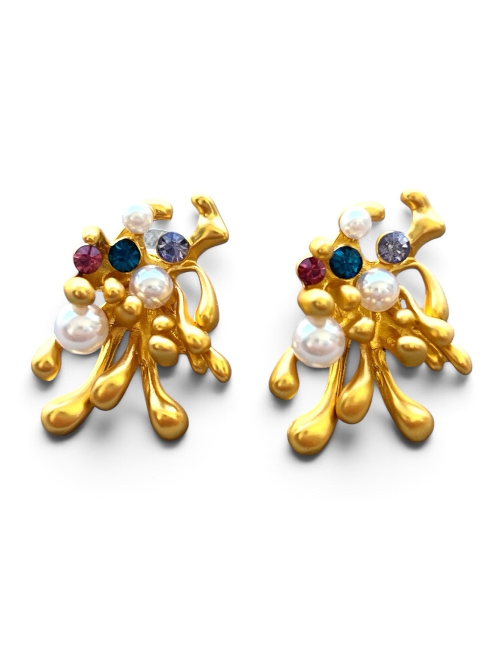 14K Matte Gold Plated Multicolor Crystal & Pearl Firework Burst Earrings